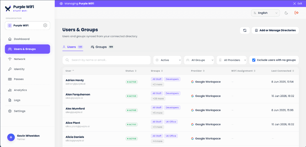 Purple Access Users and Groups screen: users synced from Google Workspace with their status, groups and last connection