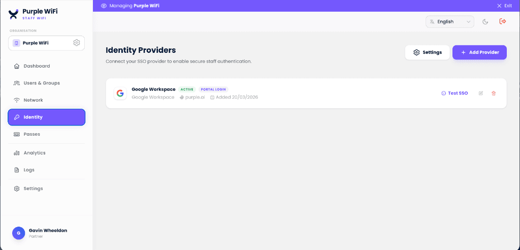 Purple Access Identity Providers screen with Google Workspace connected and active for portal login
