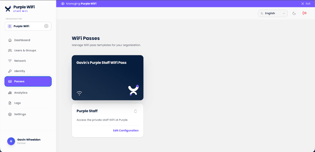 Purple Access WiFi Passes screen showing a staff WiFi pass template for the organisation